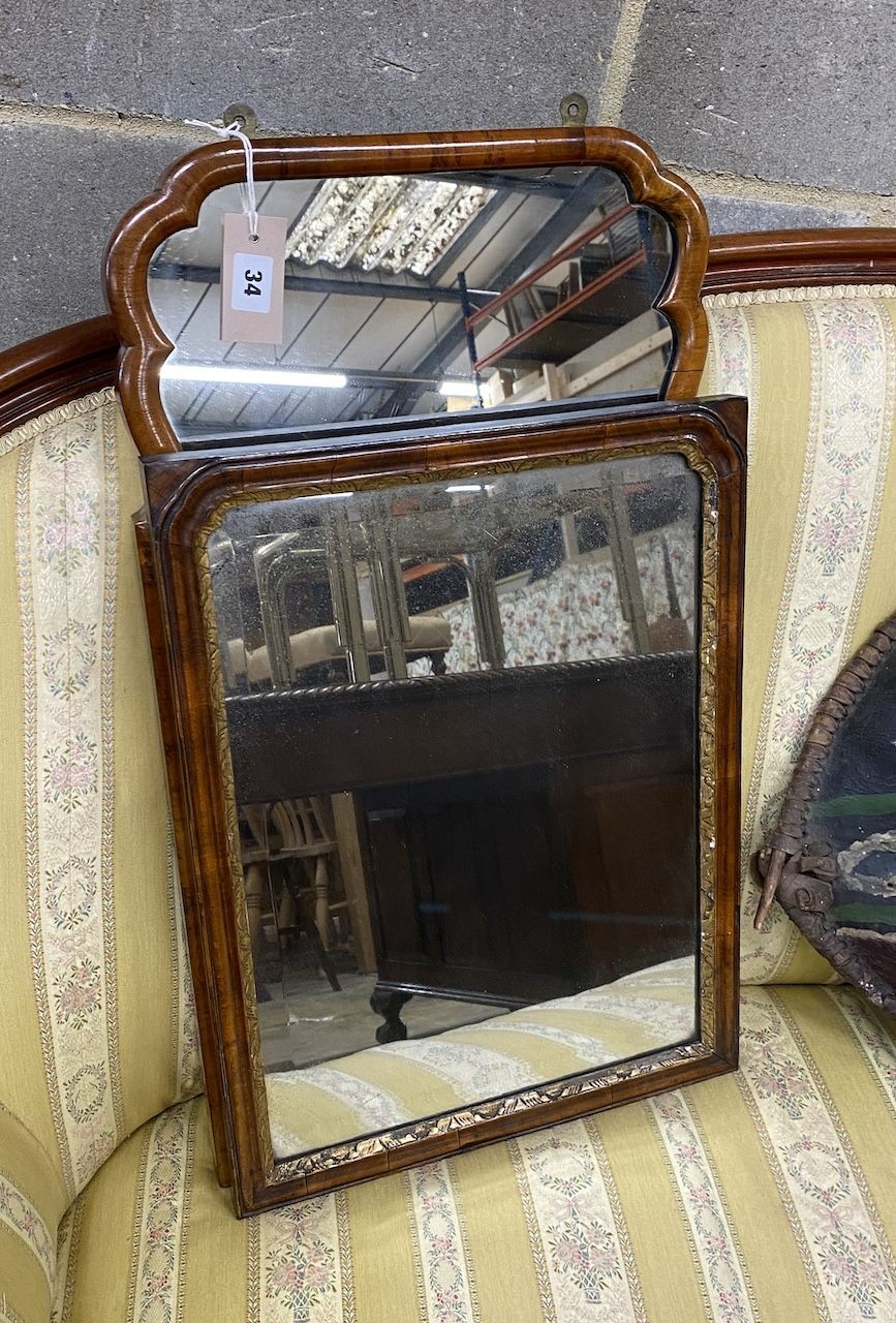 Two 18th century style walnut wall mirrors, larger width 38cm, height 68cm